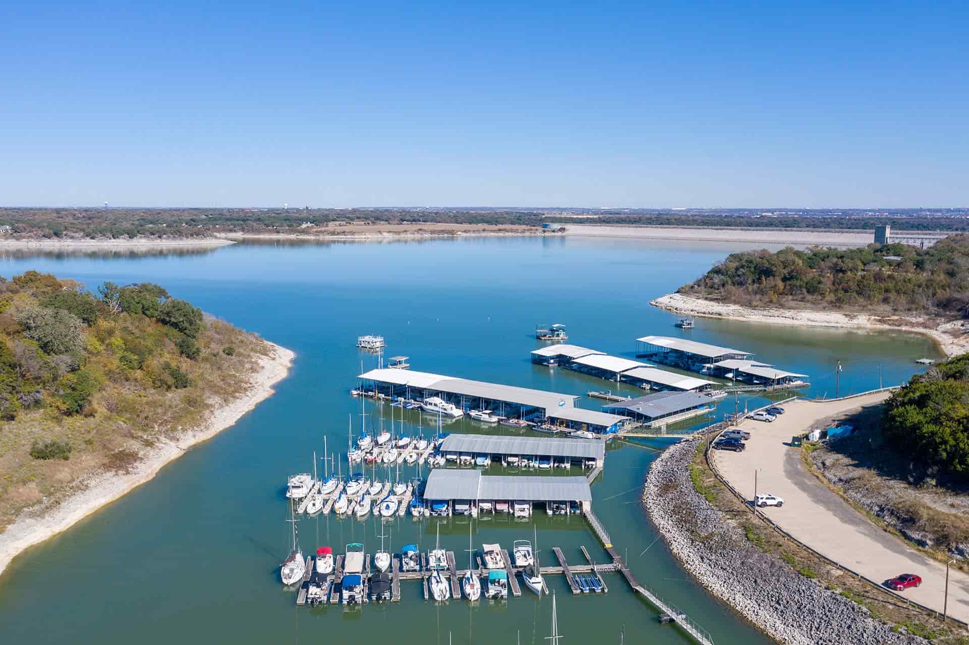 Bird's eye view of a marina in West Temple